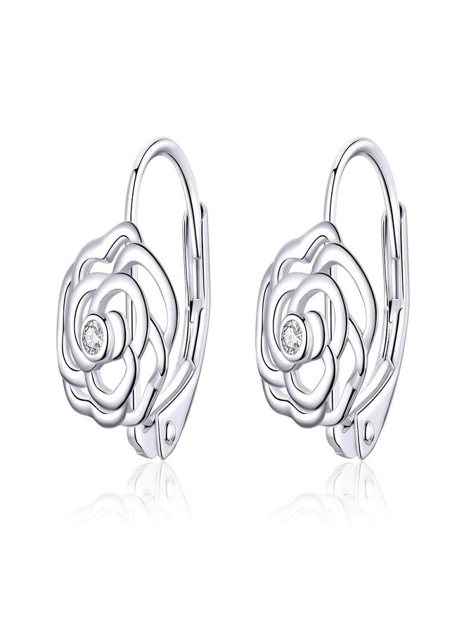 Izpack Fashion Rose Flower Sterling Silver CZ Filigree Small Hoop Earrings for Women Minimalist Sleeper Cartilage Tiny Leverback Studs Huggie Hinged Hoops Birthday Gifts Cute Jewelry - Image 1